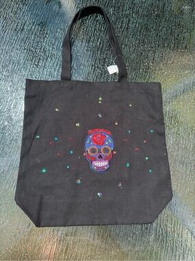 Black Tote Bag with Colorful Embroidered Sugar Skull Decorated by Hand